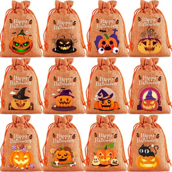 Halloween Pumpa Godisväskor 24-pack Orange Dragskoväskor Presentpåsar Jack O Lantern Design Hampa Jute Snacks Påsar 10x14cm