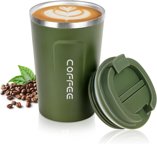 Premium reisekrus i rustfritt stål, grønn 380 ml, isolert kaffe- og tekopp for reise
