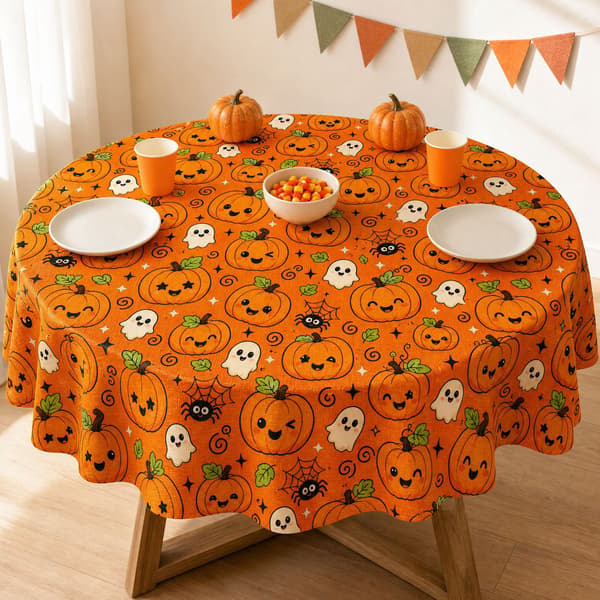 Rund duk med høytidsdesign for temafester Halloween borddekor Purple Ghost 90*90CM