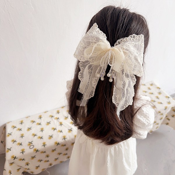 Ny retro fransk spetsrosett femstjärnig pärlförsedd tofsar söt superfe-rosett hårklämma hårprydnader huvudbonad Small flower ribbon