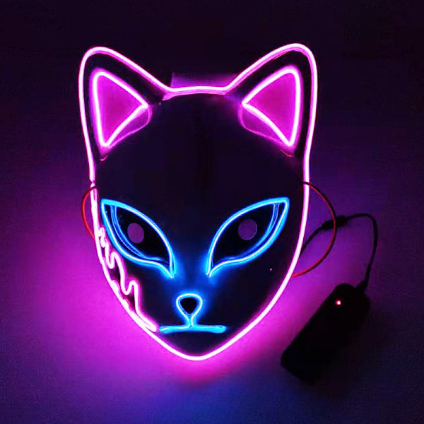 (Pink) Fox Face LED Demon Slayer Mask, Japanese Anime Killer Cosplay Personality Mask, Cosplay Headwear, Halloween Christmas Party Costume Props Ki