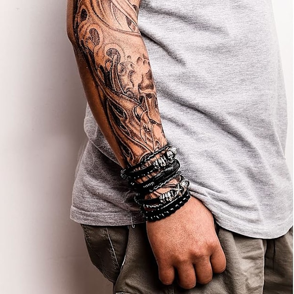 Set med 6 läderarmband svart brun flätade breda armband kvinnor män punk smycken dödskalle