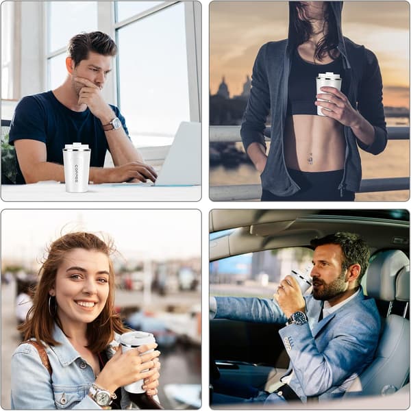 Premium reisekrus i rustfritt stål for kaffe og te, isolert termoskopp 380 ml, hvit