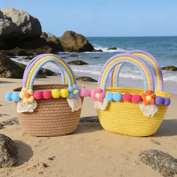 Koreanske niche tasker, strandtasker, vævede tasker, bomuldsreb vævet White - Small, flattened 23