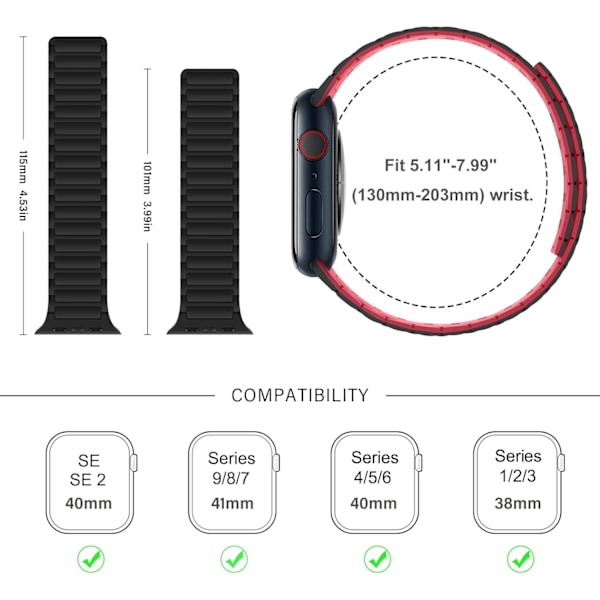 Magnetiske klokkereimer kompatible med Apple Watch-reimer, myk silikon erstatningsreim designet for iWatch, svart rød Black Red 38/40/41mm