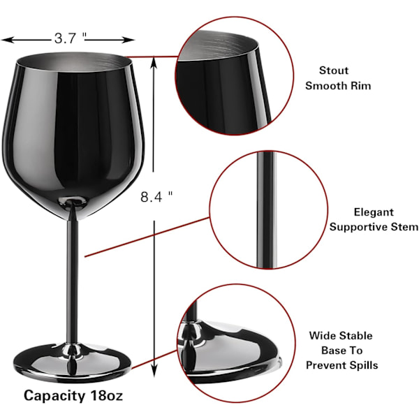 Vinglass Sett med 4, 53 cl Rustfrie Stål Vinglass, Uknuselige og Bærbare Vinglass med Stilk i Metall for Utendørsbruk, Reise, Camping og Basseng Black