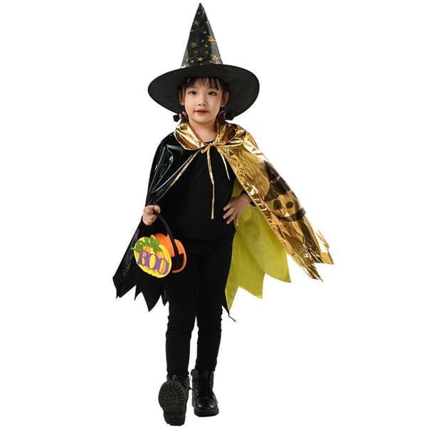 Tryllekunstnerkappe Sæt Med Hætte Troldmandskappe Kostume Til Drenge Og Piger Rollespil Fest Halloween Tilbehør Sort Og Guld To-tonet Stjernemønster