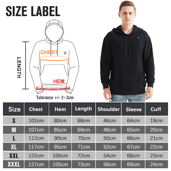 Lämmitetty huppari akulla 7.4V miehille, musta Black 3XL