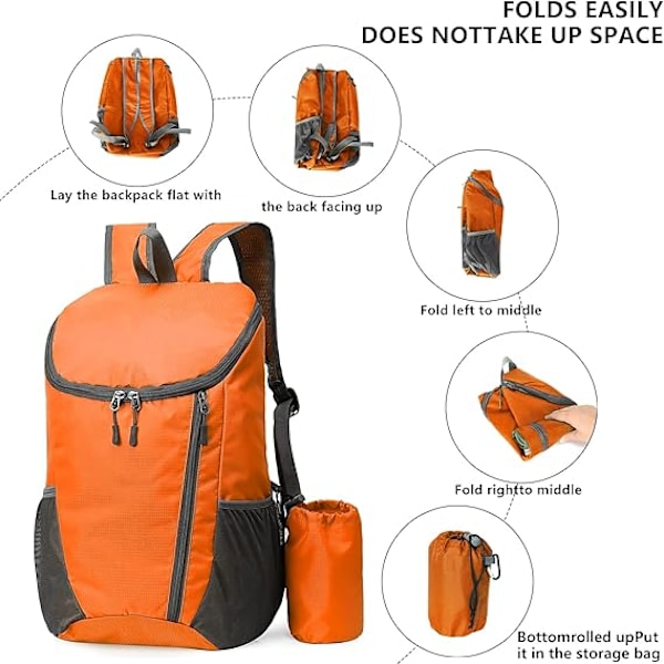 Vikbar Vattentät Ryggsäck, Liten Vandringsryggsäck, Unisex, Lämplig för Utomhussporter Resor Vandring Camping Promenader, Orange orange