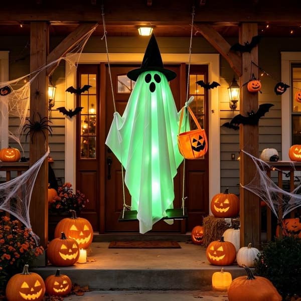 1,5M Hängande Pumpa Gunga Spöke med Trollkarlshatt Halloween Utomhusdekoration (Warm Light)