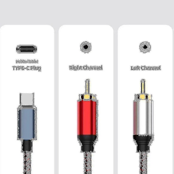 USB-C - 2 RCA -äänikaapeli, Type C -uros - 2 RCA -uros -äänikaapeli tabletille, kaiuttimelle, vahvistimelle, televisiolle, 1 m
