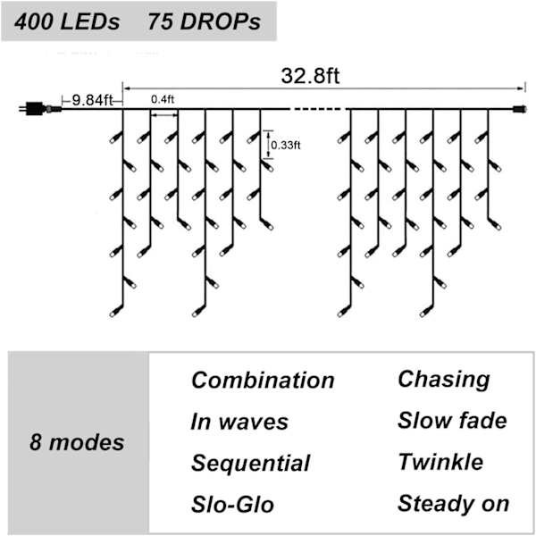 Julelys LED Islyskjede Gardin Utendørs Innendørs Hengende Lyslenke 10m 400 LED 8 Moduser Lys for Varmt Hvit