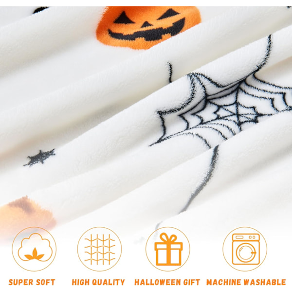 Myk og Koselig Halloweenpledd, Skummelt Gresskar Flaggermus Edderkoppnett Mønster Hvit Pledd for Sofa Seng Hjemmeinnredning Gaver 127cm x 152cm