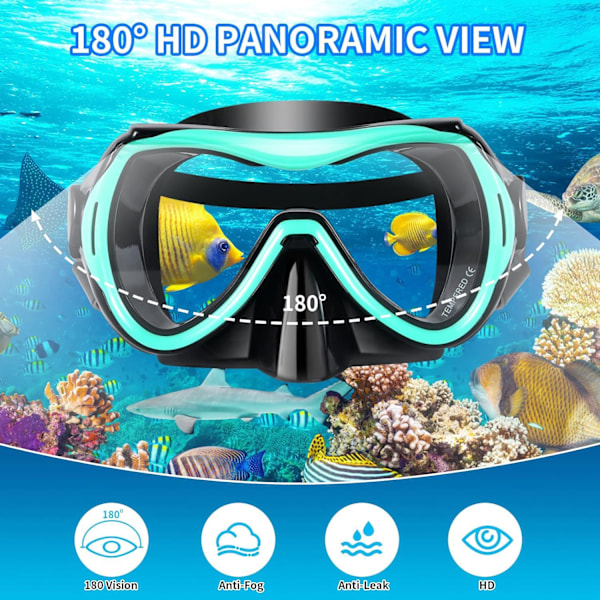Tiivis ja huurtumaton karkaistu lasilinssi Panoraamanäkymä Uimalasit Kuiva yläosa Snorkkelisetti Snorklaukseen Sukellukseen Uintiin Matkustamiseen{hh} green