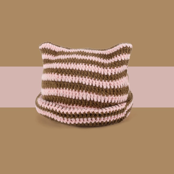 Stickad Kattmössa med Öron, Randig Varm Elastisk Vintermössa, Rosa och Brun Pink and Brown