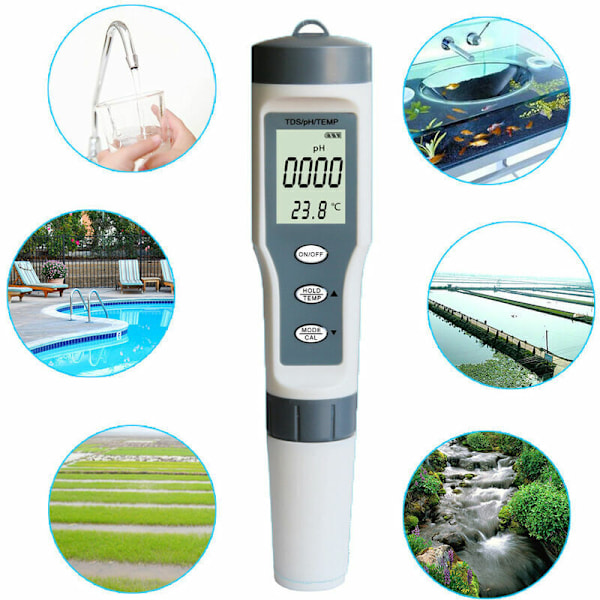 PH-måler, 3-i-1 elektronisk pool PH-måler, TDS-måler temperatur, vandkvalitetsmåler med LCD-display og læsenøjagtighed