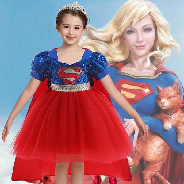 Piger Patchwork Kjole Med Superman Kappe Cosplay Kostume Til Børn D1105 Dark Blue + Cape 80cm