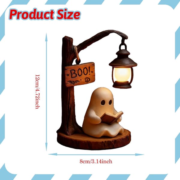 Cute Ghost Reading Book LED Statue Night Light, Halloween Figurine Lamp - Indoor Party Decor for Home, Office, Kitchen, Tabletop