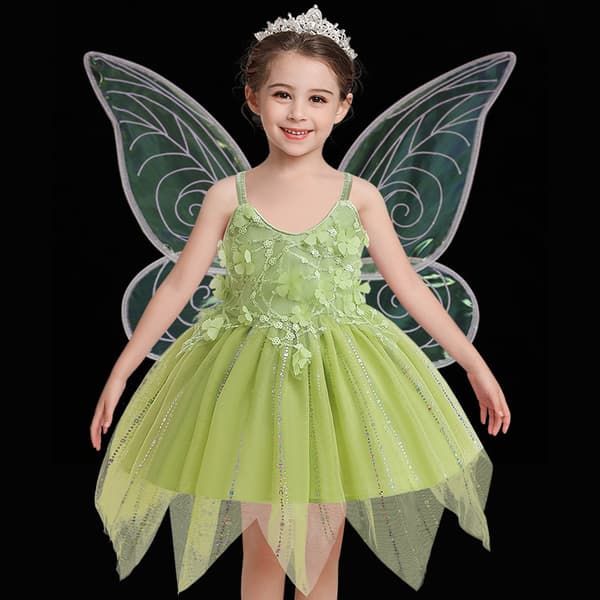 Peter Pan Prinsessekjole til piger med spaghettistropper og meshkant D1183 Green 130cm