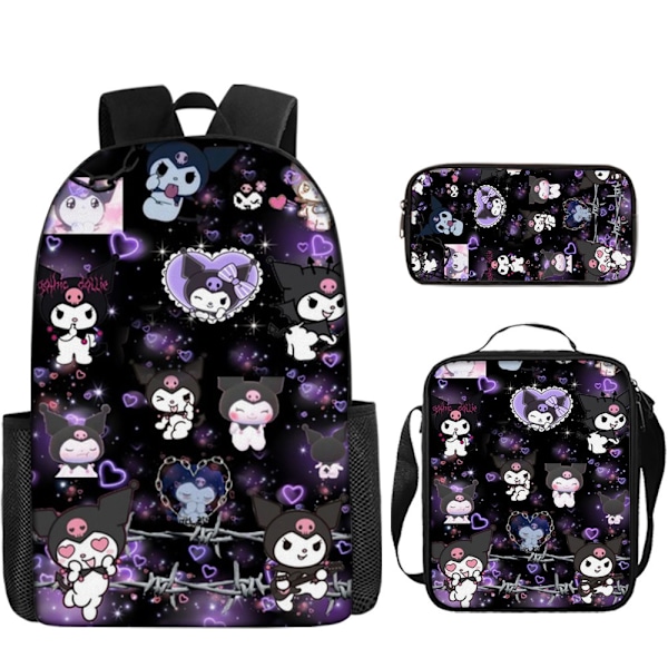 Tecknad Kuromi tredelat set Cinnamon dog KT katt tecknad grund- och gymnasieelever skolväska barnryggsäck 29 Three piece set