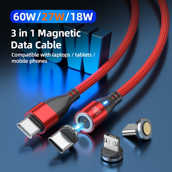 2-pack USB-C 3-i-1 Magnetisk Laddningskabel 60W Snabbladdning – Svart{HH}