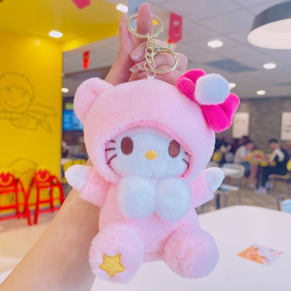 Tecknad Kuromi docka skolväska hänge docka plyschleksak par nyckelring väska hänge Plush bow tie cute pet-KT cat 11cm (with keychain)