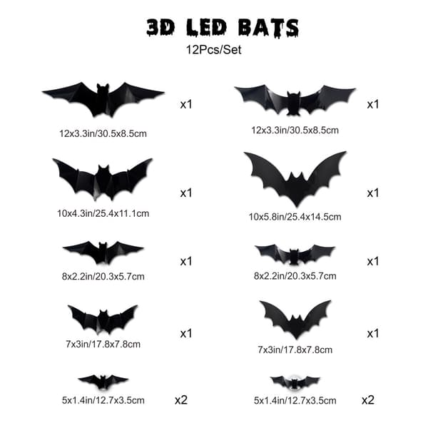 Halloween-dekorasjon utendørs 12 lysende 3D-flaggermus til dør og vindu | Inkluderer 12 LED-lys og selvklebende puter flaggermus bat 12pcs
