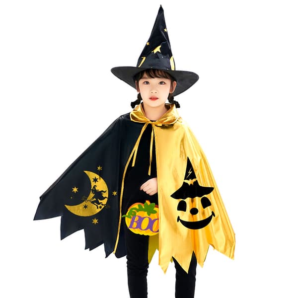 Tryllekunstnerkappe Sæt Med Hætte Troldmandskappe Kostume Til Drenge Og Piger Rollespil Fest Halloween Tilbehør Sort Og Guld To-tonet Stjernemønster