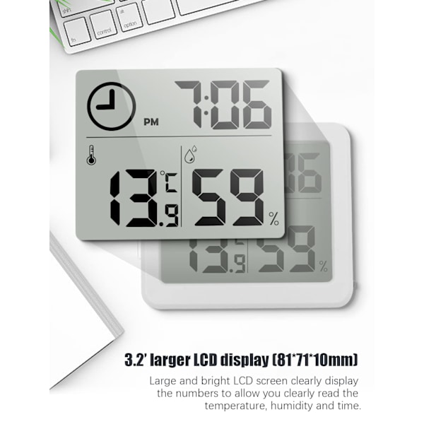 Digital Termo-Hygrometer 3.2” Stor LCD-skärm Termometer med Temperatur- och Fuktighetsmätare med Klocka (Batteri Ingår) (Vit)