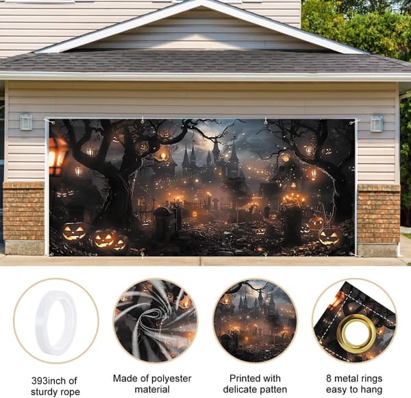 6x13FT Halloween Garageport Banner – Haunted Path with Lanterns Moon & Bats BNM127