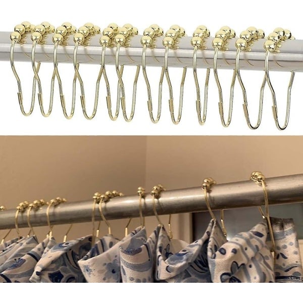 12-pack Duschdraperikrokar, Guld Rostfritt Stål Metall Duschdraperi med Rullkulor för Badrumsgardinstänger{HH}