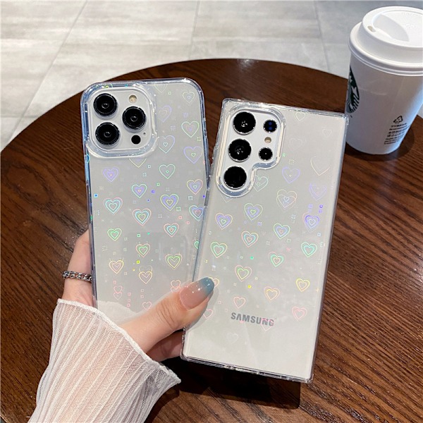 för Samsung Galaxy S22 Ultra Skal, Klar Glitter Bling Laser Flexibel Stötfångare Stöttåligt Skyddande Kärlek Hjärta Mönster Design