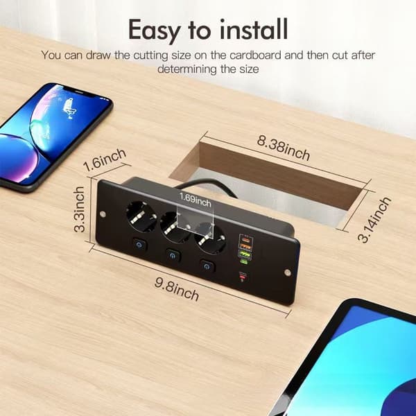 Uttrekkbar skrivebordsstrømskinne med 3 AC-uttak, USB-C og 4 USB-porter, hurtiglading white