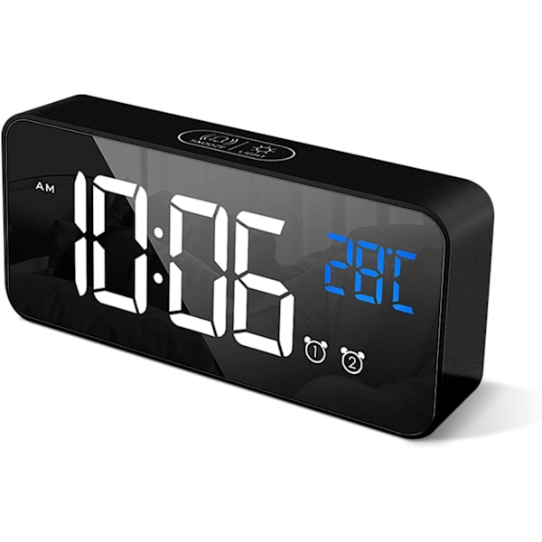 Digital Alarm Clock with Big LED Temperature Display, Portable Mirror Alarm with Dual Alarm Snooze Port for Bedside, Bedroom