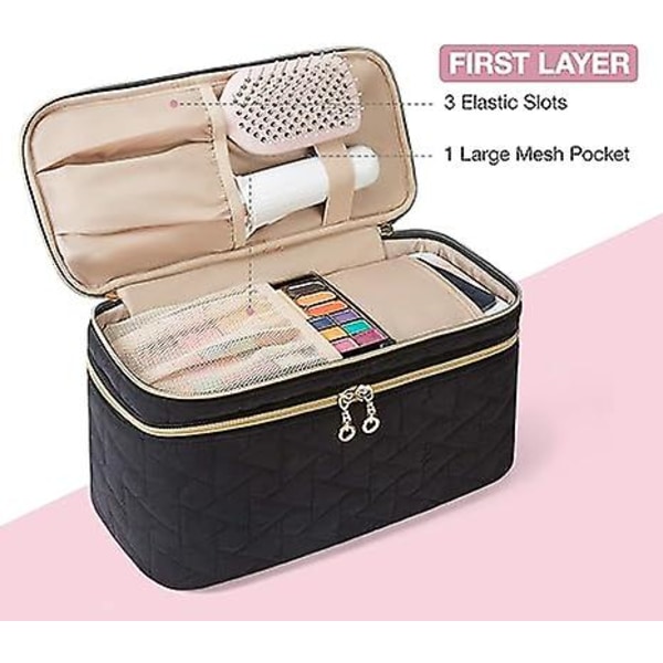 Stor Makeup Taske Organizer, Dobbelt Lag Rejse Kosmetiktaske med Akryl Spejl, Makeup Taske med Justerbare Rumdelere, Sort