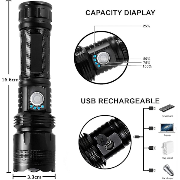 Uppladdningsbara LED-ficklampor, 3000 Lumen Zoombar Vattentät Ficklampa med 26650 Batterier