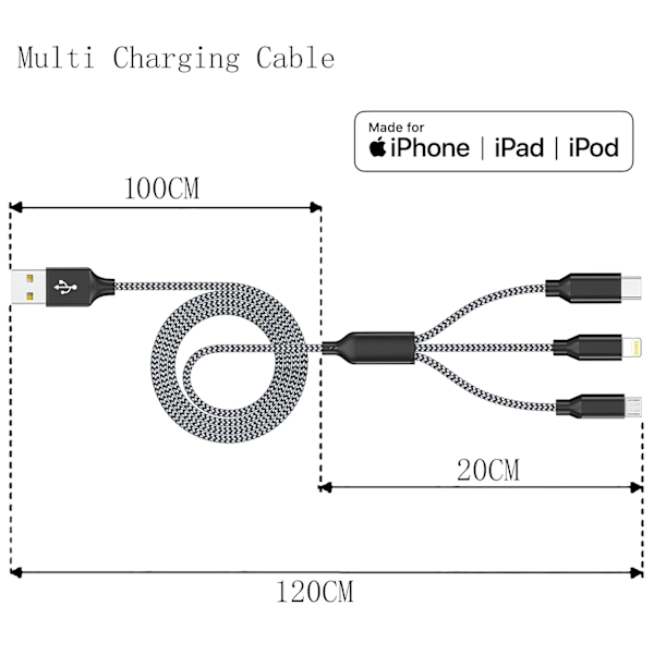 Multiladdarekabel 3-pack 4FT Multiladdarekabel Snabbladdningskabel USB-laddningskabel 3 i 1