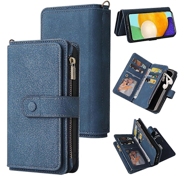 WXH Kompatibel med Samsung Galaxy A52 5G/A52S PU Läder Magnetisk Stängning Femton Kortplatser Blixtlåsficka Telefonfodral Blue