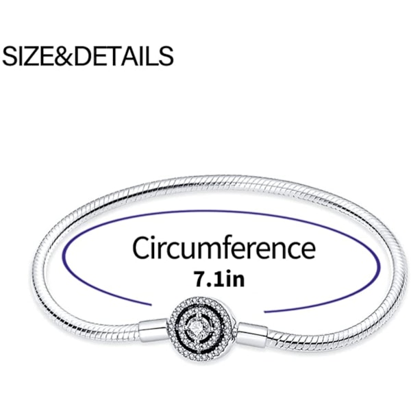 AVEKI 925 Sterling Silver Ormkedjearmband Fullt Kompatibelt med Pandora Berlocker, Sött Kloarmband med Blankt Runt Spänne Berlock Transparent CZ