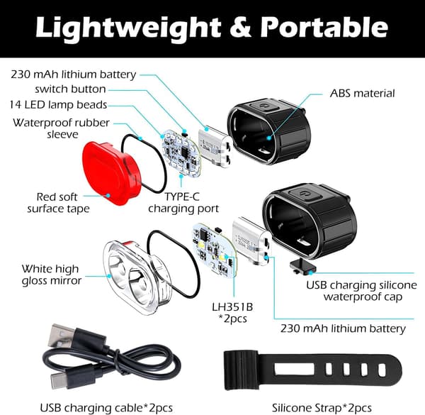 USB-C-ladattava pyöränvalosarja, etu- ja takavalot, 4+6 tilaa, vedenpitävä
