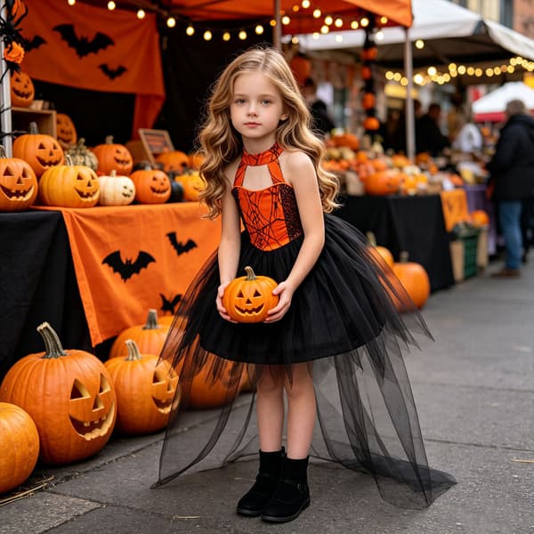 Blomstret Halloween Cosplay Kjole til Piger - Prinsessekostume til Feriefester WS085 - Orange - with Hat 140cm/7Y