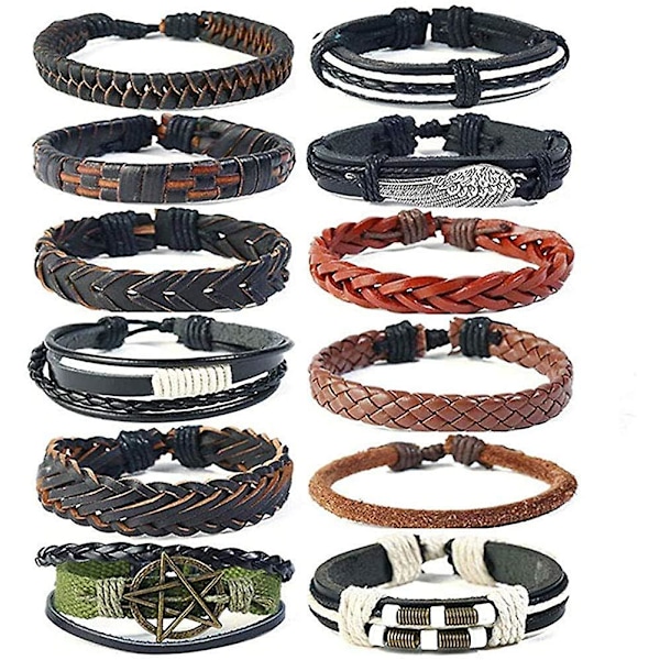 12st Herrarmband Flätat Läderarmband Punk Reparmband Manschett Vintage Armband Wrap Set Justerbart Trendigt