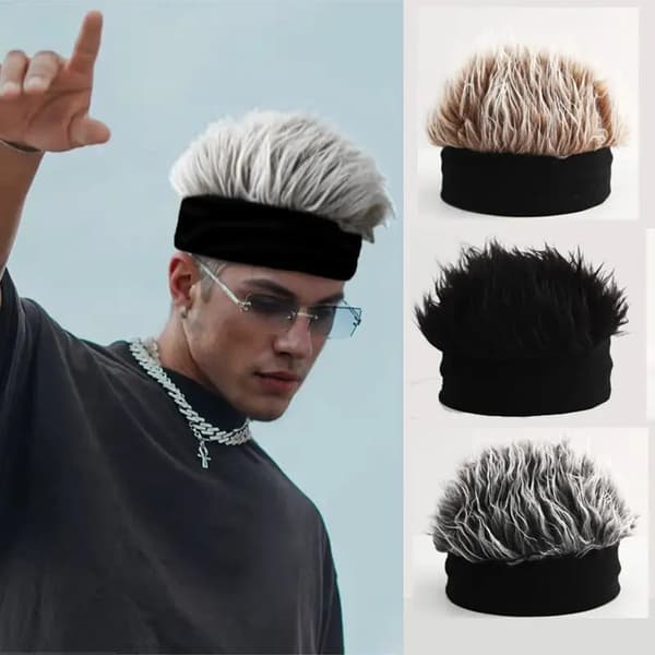 Hip Hop hue til mænd med imiteret hår, sort strik Black+Gray