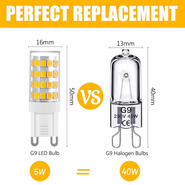 G9 LED-pærer Varmhvit, 5W, 500LM, 3000K, Erstatning for 40W G9 Halogenpære, Flimmerfri Ikke Dimbar for Belysningsdekor, Lysekrone, 10-pakning