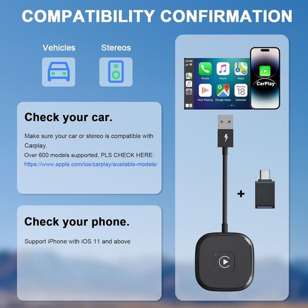 Trådløs CarPlay-adapter til iPhone Opgrader kablet til trådløs CarPlay Nem Plug and Play til bil