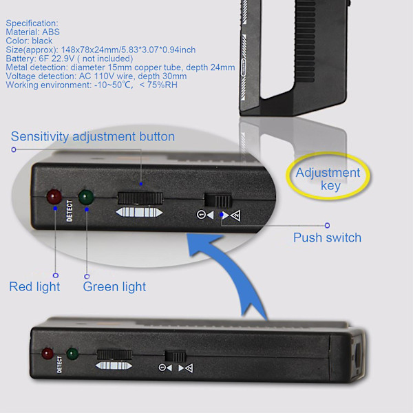 Käsikäyttöinen metallinilmaisin, irtojohdot ja virtasensori WPP123 Muovi Korkea herkkyys Säädettävä varoitusputki Virta Monitoiminen seinäskanneri