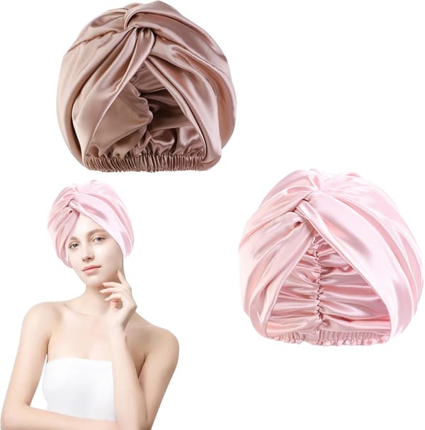 Satin Sleep Cap til Kvinder 2 Stk Blød Nat Bonnet Hår Beskyttelse Silke Foring
