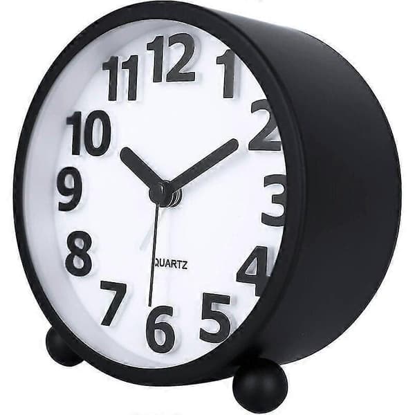 Silent Analog Alarm Clock, Black Metal Large 3D Numerals, Tick-Free Table Clock With Night Light Bedside Lamp 10.8cm