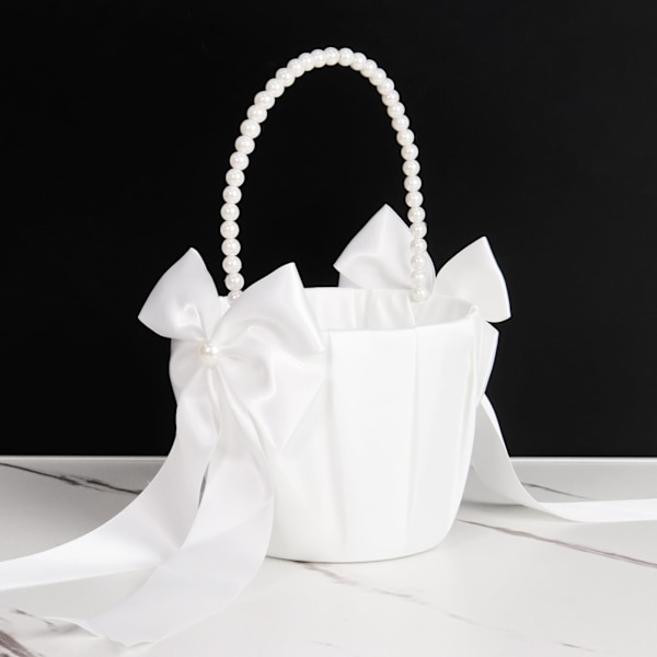 Blomsterpikekurver til bryllup, hvit blomsterkurv med perlehåndtak for blomsterpiker{hh]