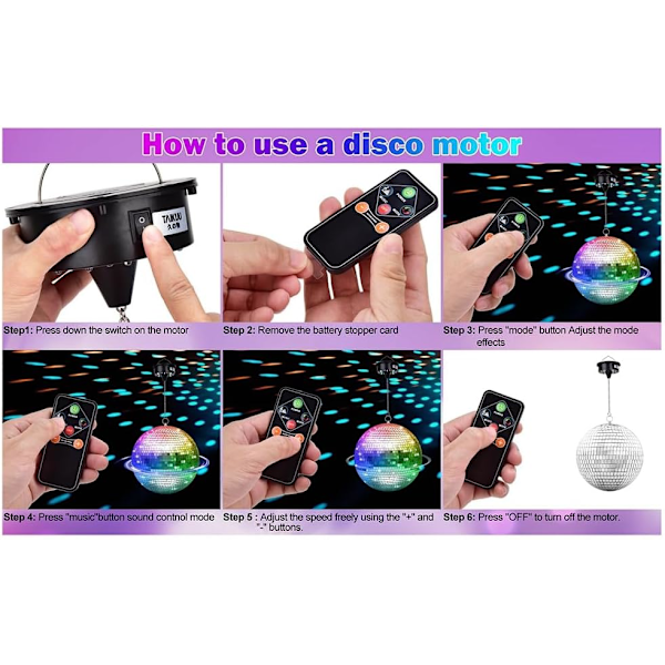 Diskokulemotor med fjernkontroll, 3-15RPM Justerbar Spinner 18LEDs for 8 10 12 16 20 24 Speilkulemotor